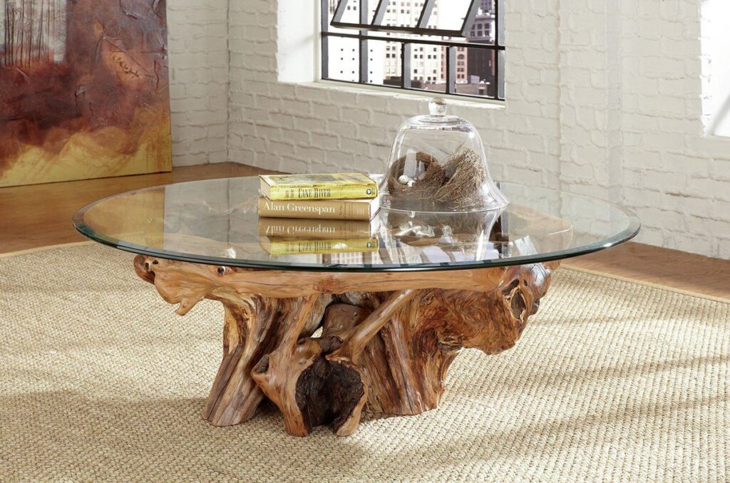 Meja kayu dengan kaki akar pohon